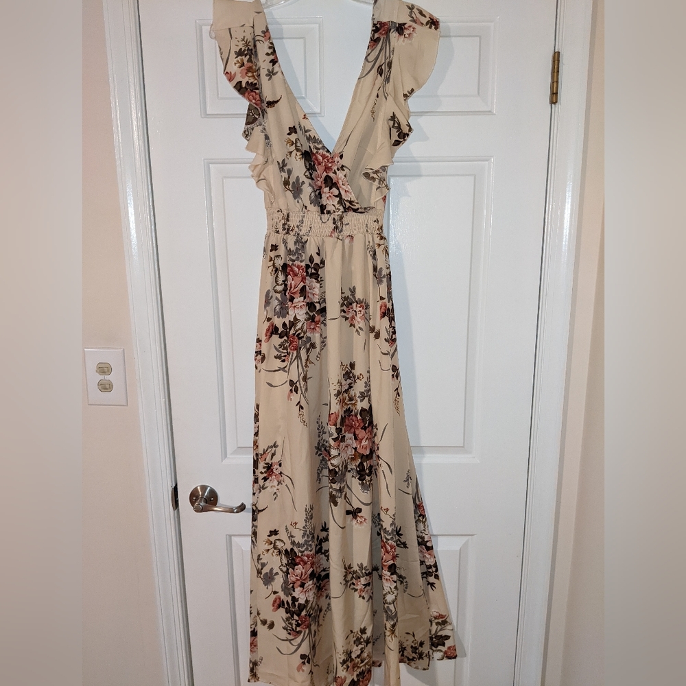 Cream maxi dress with ruffle sleeves